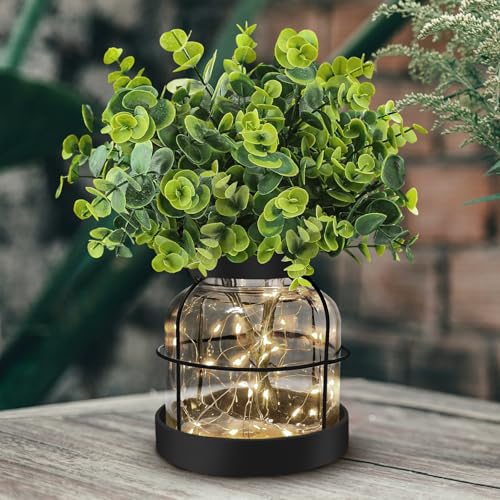 Farmhouse Rustic Glass Vases Primitive Country Lantern Coffee Dining Table Centerpiece Green Fake Artificial Eucalyptus Plants with Light Home Decor for Shelf Desk Counter Kitchen Bathroom, Black - style: Modern Decor
