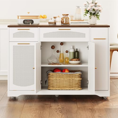 IDEALHOUSE 53.1" Rattan Kitchen Island with Storage, Rolling Dining Cart with Trash Storage Cabinet, Mobile Island Cart with Drop Leaf, Adjustable Shelves, Drawer, 5 Wheels (White) - color: White