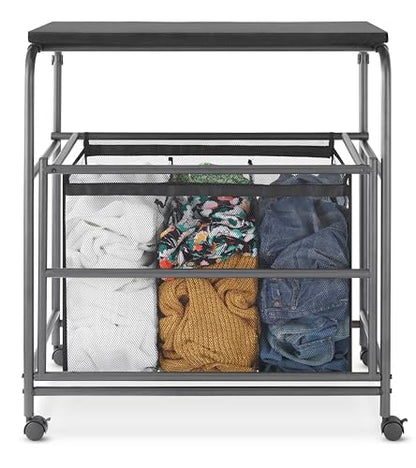 Whitmor Triple Laundry Sorter with Ironing & Folding Table - Rolling Laundry Sorter with Ironing Table - Gunmetal - size: 3 Section lroning Board，Black