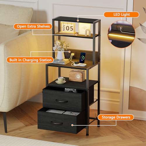 Furnulem Night Stand, Tall Nightstand with 4-Tier Shelves, 2 Fabric Drawers and Led Lights, Bed Side Tables with Charging Station, Bedside Table for Bedroom, Office, Black Oak | 4-Tier Shelves - color: Black Oak, size: 2 Drawer
