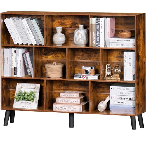 LEYAOYAO 10 Cube Bookshelf, Mid-Century Modern Book Shelf with Legs, Brown | 3 Tier Bookcase, 55" Wide Rustic Wood Bookshelves Large Storage Organizer, Open Shelves for Bedroom, Living Room, Office - color: Brown, size: 10 Cube Plus with Legs