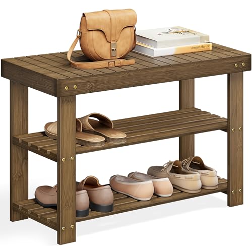 SONGMICS Shoe Rack Bench, 3-Tier Bamboo Shoe Storage Organizer, Entryway Bench, Holds Up to 286 lb, 11.3 x 27.6 x 17.8 Inches, for Entryway Bathroom Bedroom, Yellow Brown ULBS04WL - color: Yellow Brown, size: 27.6"W