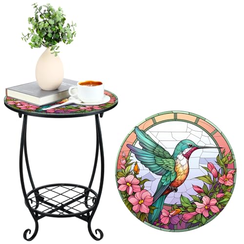 Cinnvoice Outdoor Side Table Round Small Mosaic Patio Accent Indoor End Plant Coffee Tea Table for Yard Patio Porch Garden Living Room, Bedroom(Hummingbird Style,16 Inch) - size: 16 Inch, style: Hummingbird Style