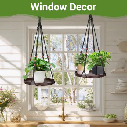 GREANER 1PCS Indoor Hanging Planter Shelf, Brown Hanging Basket with Handmade Cotton and Large Tray, Ceiling Plant Hangers for Wall, Porch, Patio, Balcony, and Window - color: Brown