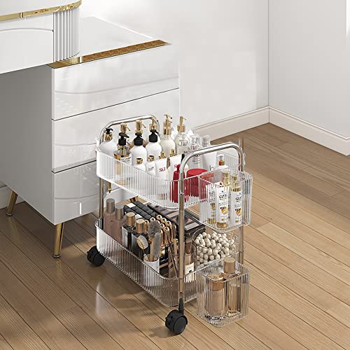 2-Tier Utility Rolling Cart Storage Organizer Sofa Side Table with Wheels, Under Desk Mobile Trolley Organizer with Handle and 2 Hanging Baskets for Office Home Kitchen Organization, Transparent - color: D-transparent