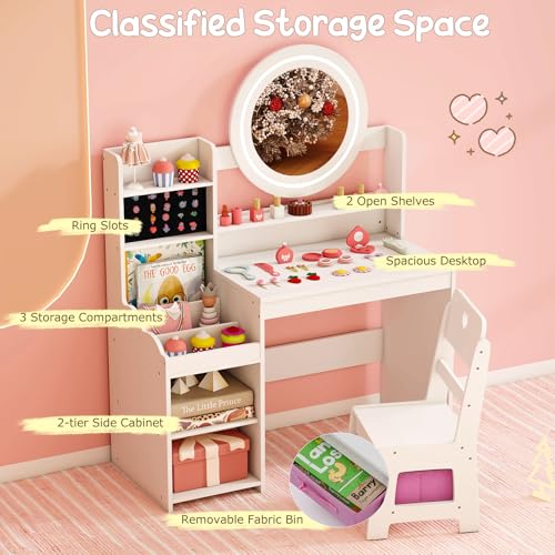 Costzon Kids Vanity, Girls Vanity Set with Mirror and Lights, Jewelry Storage, Shelves, Princess Toddler Makeup Vanity Desk Dressing Table, Wooden Kids Vanity Table and Chair Set (White) - style: White with Jewelry Storage