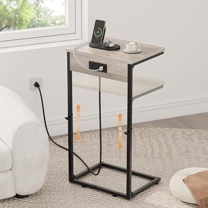C Shaped End Tables Set of 2 with Charging Station, 33.2'' Tall C Table Adjustable Height Side Table, Small Side Table for Small Spaces, Couch Sofa Table TV Tray for Living Room, Greige - color: Greige (2 Pack), style: With Plug