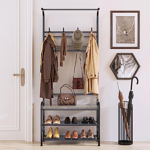 4-in-1 Hall Tree with Shoe Storage Bench, Narrow Entryway Coat Rack and Shoe Bench, Mudroom Shelves with 8 Hooks, Hanging Bar, Gray