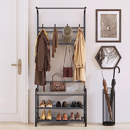 4-in-1 Hall Tree with Shoe Storage Bench, Narrow Entryway Coat Rack and Shoe Bench, Mudroom Shelves with 8 Hooks, Hanging Bar, Gray