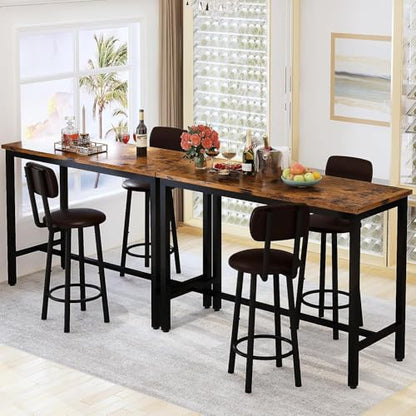 AWQM 47.2" Pub Height Table Set for 4,Kitchen Dining Set with 2 Bar Table Table and 4 PU Leather Stools with Backrest,for Breakfast Nook,Living Room,Small Space,Bar,Rustic Brown & Brown,(2 Set) - color: Rustic Brown
