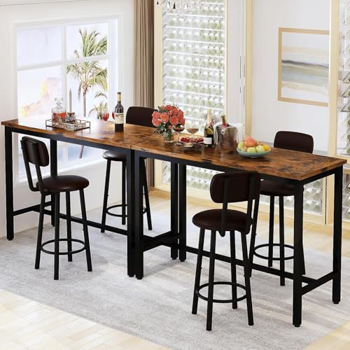 AWQM 47.2" Pub Height Table Set for 4,Kitchen Dining Set with 2 Bar Table Table and 4 PU Leather Stools with Backrest,for Breakfast Nook,Living Room,Small Space,Bar,Rustic Brown & Brown,(2 Set) - color: Rustic Brown