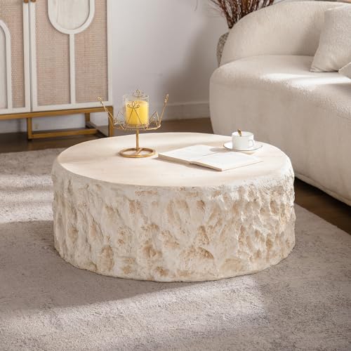 Round Coffee Table for Living Room Outdoor Faux Stone Coffee Table Amber Travertine Concrete Pattern, 31.49" Modern Faux Marble Center Tables Tea Tables, No Need Assemble, Beige - color: Faux Stone-round-31.49inch-beige-coffee