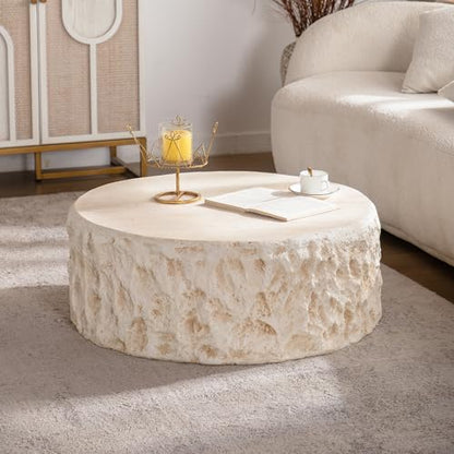 Round Coffee Table for Living Room Outdoor Faux Stone Coffee Table Amber Travertine Concrete Pattern, 31.49" Modern Faux Marble Center Tables Tea Tables, No Need Assemble, Beige - color: Faux Stone-round-31.49inch-beige-coffee