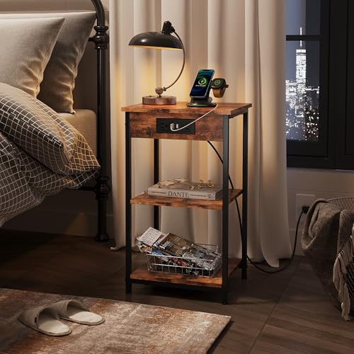WLIVE End Table with Charging Station, Small Night Stand Rustic Brown | Side Tables with Storage Adjustable Shelf for Small Spaces; Bedside Tables for Living Room, Bedroom - color: Rustic Brown