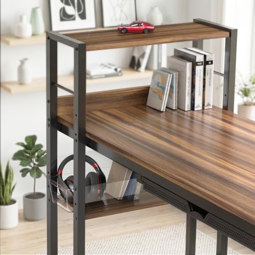 SHW 46-Inch Home Office Computer Desk w/Side Shelf & Drawer, Walnut | w/ Reversible Adjustable Shelf | Drawer with adjustable compartments - color: Walnut