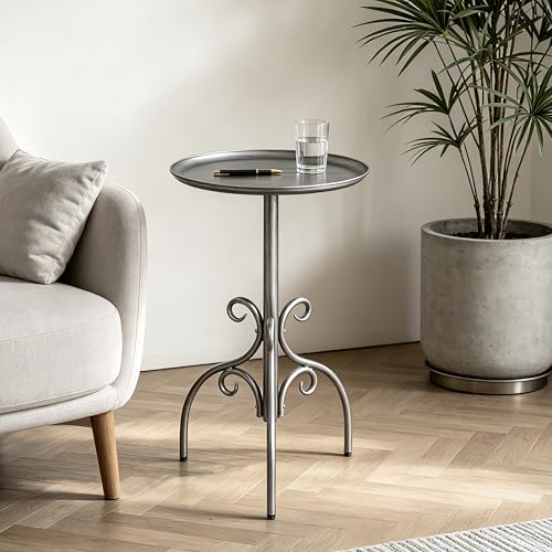 Round Side Table, Small Metal Drink Table for Small Spaces, Modern Martini Table for Living Room, Bedroom, Corners, and Office,Antique Silver - color: Antique Silver