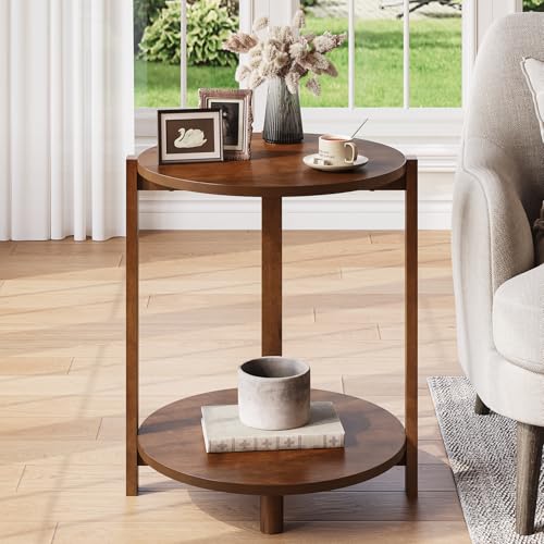 Solid Wood Side Table Set of 2, Small Round End Table with 2-Tier Storage, 19-Inch Wooden Circle Retro Nightstand, Accent Furniture for Small Spaces, Bedroom, Living Room, Brown
