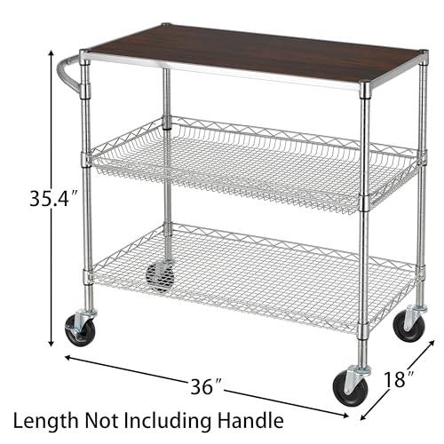 Finnhomy 3 Tier Heavy Duty Commercial Grade Utility Cart with Wood Top, Wire Rolling Cart with Wheels and Handle Bar, Kitchen Carts on Wheels, 18x36x35.4 H Metal Cart with 600 LBS Capacity, Chrome - style: 36“L Chrome