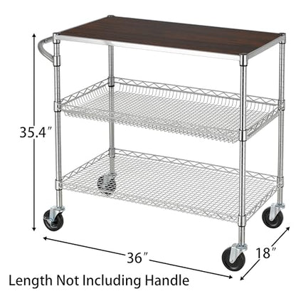 Finnhomy 3 Tier Heavy Duty Commercial Grade Utility Cart with Wood Top, Wire Rolling Cart with Wheels and Handle Bar, Kitchen Carts on Wheels, 18x36x35.4 H Metal Cart with 600 LBS Capacity, Chrome - style: 36“L Chrome