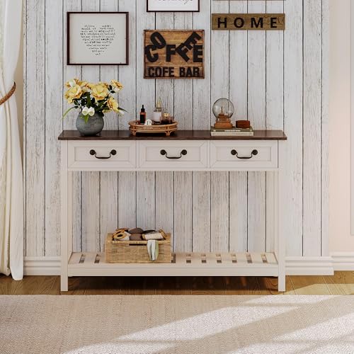 ChooChoo Farmhouse Console Table with 3 Drawers, Rustic Entryway Table, Narrow Long Sofa Table for Living Room, Hallway, Behind Couch, Soft White and Brown - color: Soft White and Brown, size: 11.81"D x 53.1"W x 31.3"H