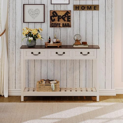 ChooChoo Farmhouse Console Table with 3 Drawers, Rustic Entryway Table, Narrow Long Sofa Table for Living Room, Hallway, Behind Couch, Soft White and Brown - color: Soft White and Brown, size: 11.81"D x 53.1"W x 31.3"H