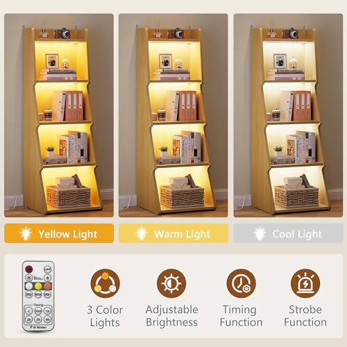 Hoctieon 5-Tier Open Bookcase and Bookshelf with LED Light, Floor Standing Display Storage Shelves, Wood Modern Display Organizer for Home Office, Living Room, Bedroom, Study, Yellow Oak