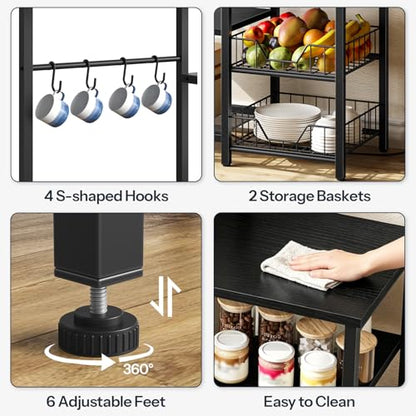 HOOBRO Large Bakers Rack with Power Outlets, 6-Tier Microwave Stand with 4 Hooks, Coffee Bar, Kitchen Shelf with Wire Basket, for Kitchen, Living Room, Office, Black BB64UHB01 - color: Black