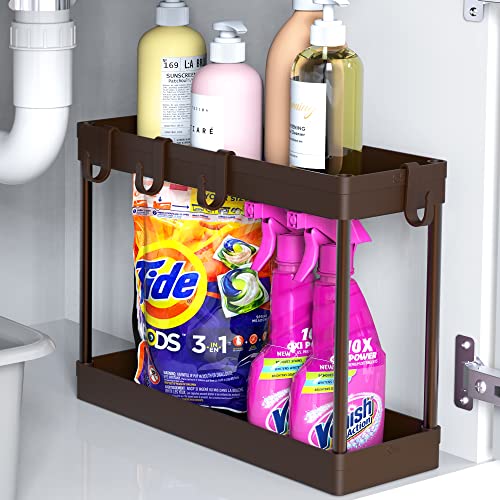 Simple Houseware 2-Tier Under Sink Organizer Storage Tray with Hooks, Brown - color: Brown