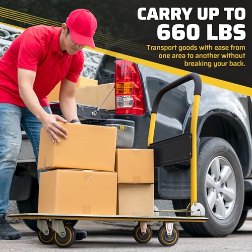 Heavy Duty Foldable Push Cart Dolly | 660 lbs. Capacity | Upgraded Collapsible Hand Truck Folding Platform with Swivel Wheels | Flat Bed Moving Wagon | Space Saving Push Handle (Yellow) - color: Yellow, 660 Lbs. Capacity