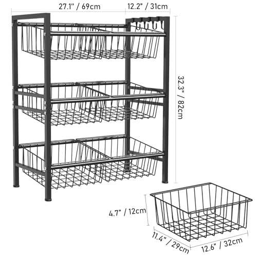 Hastatii Kitchen Storage Basket Shelf, Snack Basket Shelf, 3 Tier Fruit Vegetable Basket Stand, Metal Pantry Storage with 6 Stackable Wire Baskets, Black