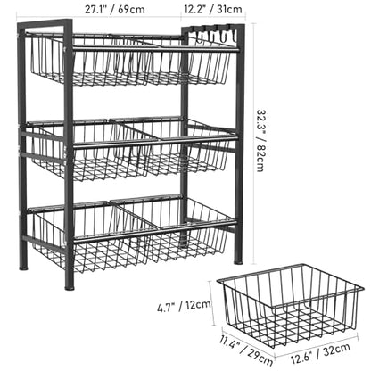 Hastatii Kitchen Storage Basket Shelf, Snack Basket Shelf, 3 Tier Fruit Vegetable Basket Stand, Metal Pantry Storage with 6 Stackable Wire Baskets, Black