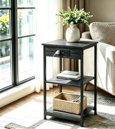 WLIVE Black End Table with Charging Station, Slim Night Stand with 3 Storage Shelves, Small Side Tables for Small Spaces, Bedside Tables for Living Room, Bedroom | Side Tables with Storage Adjustable Shelf for Small Spaces; Bedside Tables for Living Room,