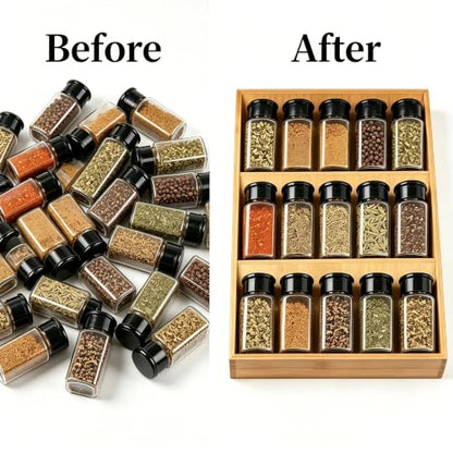 Spice Drawer Organizer for Cabinet, 3 Tier Bamboo Spice Rack Tray for Drawer, Kitchen Seasoning Organizer for Countertop Cupboard Pantry