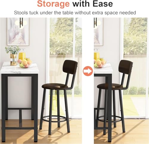 AWQM 3 Piece Bar Table Set of 2,39.3" Pub Bar Table and Chairs Set,Faux Marble Bar Height Table with 2 Backrest Stools,Small Dining Table for 2,Kitchen Table Set for Small Space,White & Brown(2 Set) - color: White