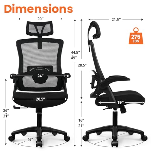 NEO CHAIR Office Desk Chair Gaming Computer High Back Support Mesh Comfy Seat with Adjustable Ergonomic Headrest Lumbar Rolling Flip-up Armrests and Wheels (Black) - color: Black