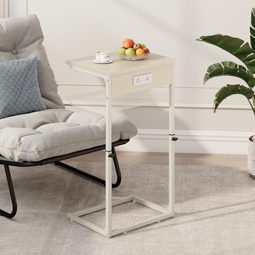 Vagusicc C Shaped End Table with Charging Station, Adjustable Height Side Table for Couch, Small Side Table, 33.2'' Tall Couch Tables that Slide Under, Tv Tray End Table for Living Room, Beige - color: Beige (1 Pack), style: With Plug