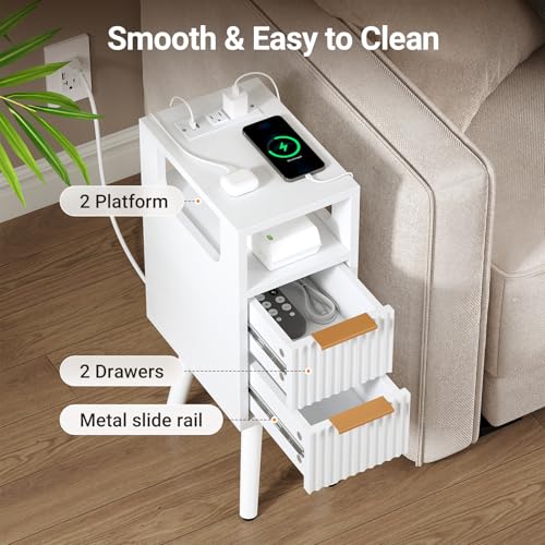 Narrow Side Table with Charging Station, Skinny Fluted Nightstand, White | 7.9" Wide, 24.4" H, 2 Drawers, Solid Wood Feet, Open Shelf, Slim End Table for Small Spaces, Bedroom - color: White-1 Pcs