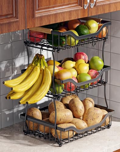 OKZEST 3-Tier Fruit Basket Fits Under Standard Upper Cabinet, 17.2" Tall | 2-In-1 Wall Mount & Countertop. Stackable Kitchen Organizer with Banana Hanger, Hold Potato, Onion, Bread, Snack, Can, Veggie - size: 3-Tier