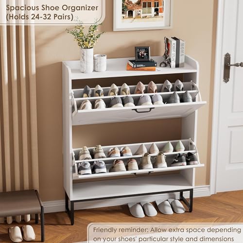 Nicetree Shoe Storage Cabinet with 2 Flip Drawers, Entryway Cabinet, White | Slim Shoe Cabinet with Metal Legs, Narrow Farmhouse Shoe Organizer for Entryway, Foyer, Hallway, Wood Shoe Rack with Hook - color: Alabaster