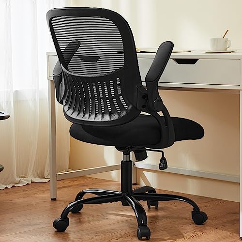 Sweetcrispy Office Computer Desk Chair, Ergonomic Mid-Back Mesh Rolling Work Swivel Task Chairs with Wheels, Comfortable Lumbar Support, Comfy Flip-up Arms for Home, Bedroom, Study, Student, Black - color: Black, size: 18.49"D