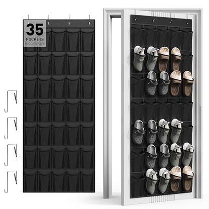 WVM Over the Door Shoe Organizer with 35 Breathable Mesh Pockets, Hanging Shoe Organizer for Door with 4 Metal Hooks, Large Capacity Closet Storage for Shoes, Accessories - style: Black