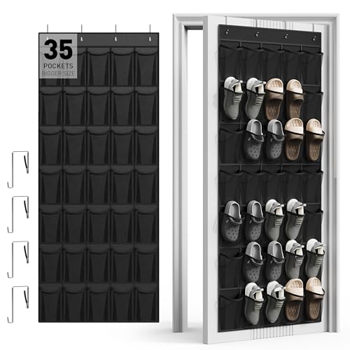 WVM Over the Door Shoe Organizer with 35 Breathable Mesh Pockets, Hanging Shoe Organizer for Door with 4 Metal Hooks, Large Capacity Closet Storage for Shoes, Accessories - color: Black