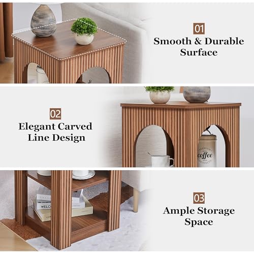 weselon End Table Set of 2, Mid-Century Modern Side Table with 3-Tier Storage Shelves and Arched Carving Lines, Square Fluted Nightstand for Living Room, Bedroom, or Office (2, Walnut) - color: Walnut