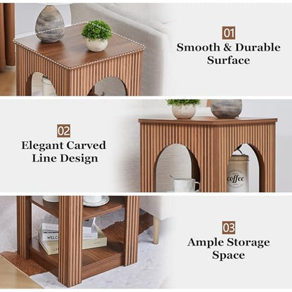 weselon End Table Set of 2, Mid-Century Modern Side Table with 3-Tier Storage Shelves and Arched Carving Lines, Square Fluted Nightstand for Living Room, Bedroom, or Office (2, Walnut) - color: Walnut