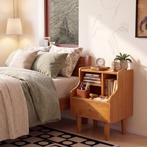 Solid Wood Nightstand with Drawers, Bookshelf Nightstand, Mid Century Modern Nightstands, Small Wood Night Stand with Open Shelf, Wooden End Side Table with Storage for Bedroom, Living Room (Walnut) - style: Bookshelf Nightstand