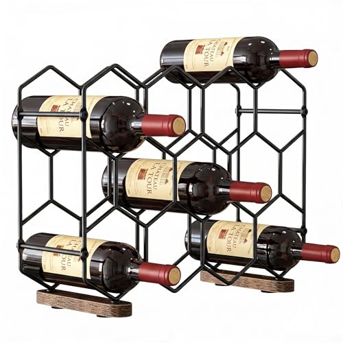 Nuovoware Countertop Wine Rack, 14-Bottle Freestanding Modern Carbon Steel Holder Hexagonal Structure, 3 Tier Tabletop Wine Bottle Organizer Storage for Cabinet, Pantry, Black+Retro Brown