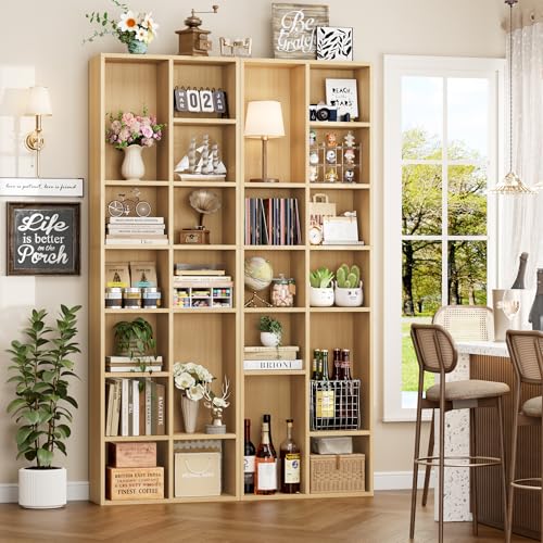 FOTOSOK 71'' Tall Bookshelf with 14 Cubes, 7 Tier Double Wide Wood Bookshelf with 6 Adjustable Shelves, 19.6" Narrow Bookcase DVD/CD Media Storage, Space Saving Display Shelf Cabinet, Natural - color: Natural