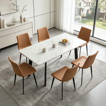 47.2"-63" Extendable Dining Room Table Set for 4-8 People, White | Removable Extension Leaf, Durable MDF Rectangle Tabletop, 6 Brown Sleek Faux Leather Chairs, Heavy Duty Modern Kitchen Table - color: 47.2'' - 63'' White Table+6 Brown Chairs