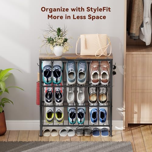 Narrow Shoe Rack, 4 Tier Slanted Metal Shoe Organizer for Small Space, Bench Shoe Storage Shelf for Entryway, Closet, Rustic Brown