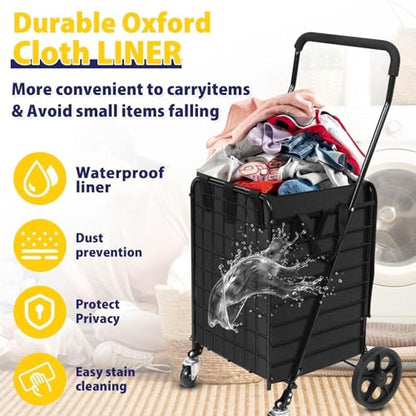 Kiffler Foldable Shopping Cart with Waterproof Basket Liner & 360° Swivel Wheels | Collapsible, Lightweigt| Perfect for Groceries, Laundry, Max 100 LBS Utility Cart for Seniors, Apartments - size: Medium+Bag